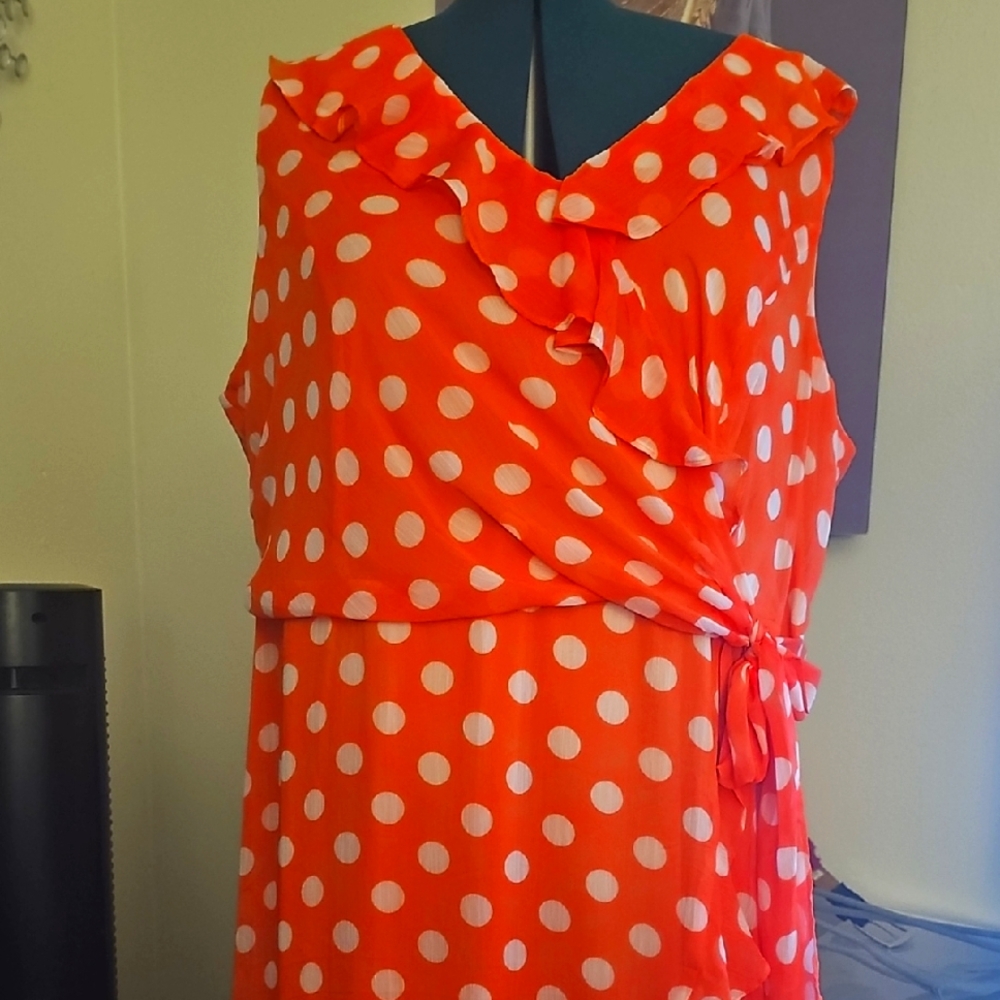 Orange And White Polka Dot Ruffle Sleevless Dress